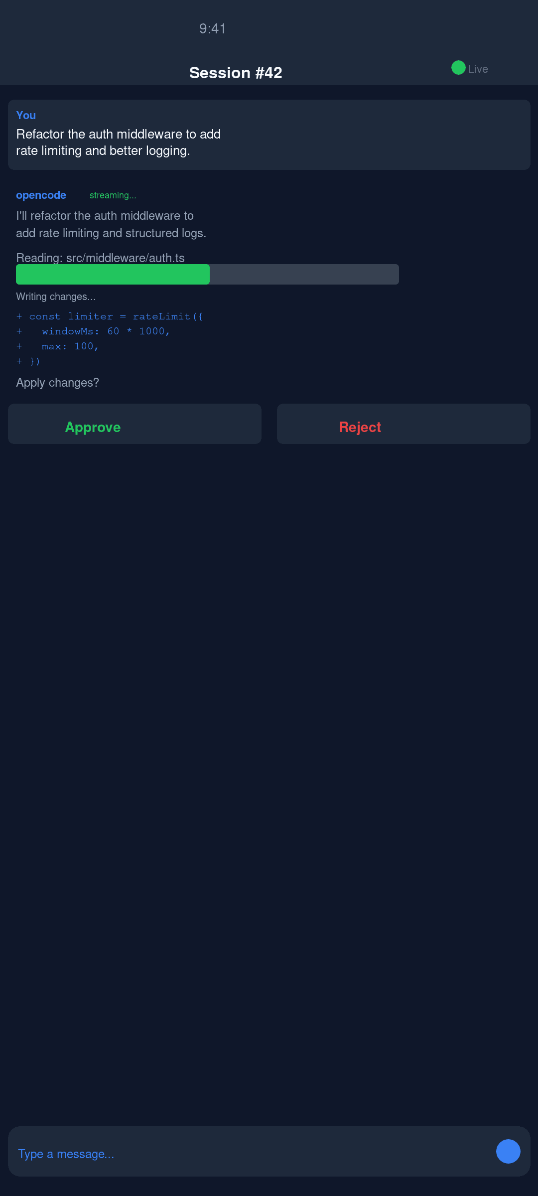 OpenCode Mobile — file diff viewer showing code changes