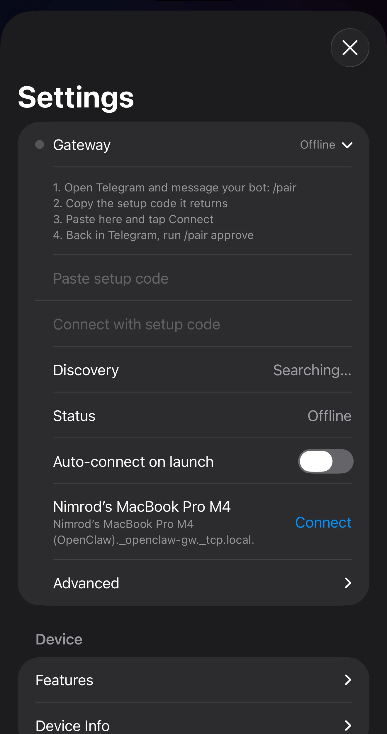 Current OpenClaw gateway settings surface shown inside Android hardware framing